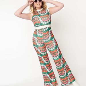 Unique Vintage Green and Red Floral Jumpsuit